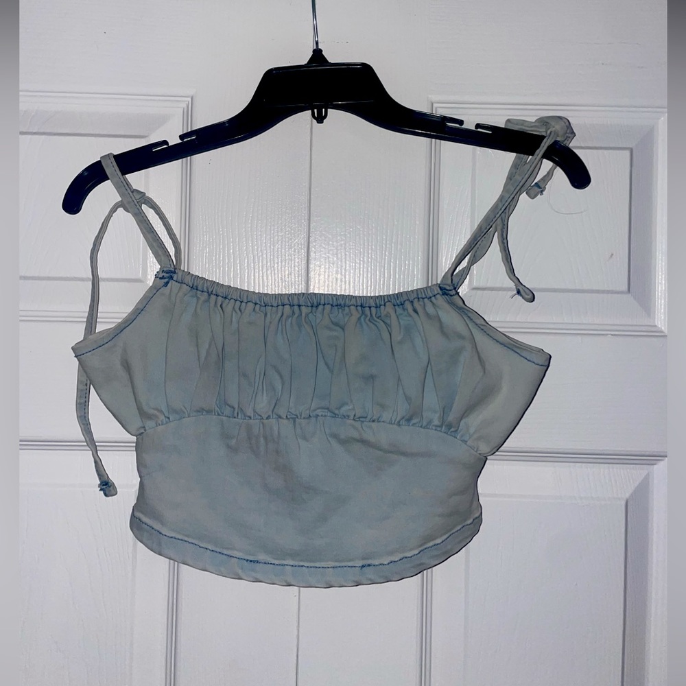 MISSGUIDED denim crop top with ruching detail. Size 2. Tie straps. NEW WITH TAGS